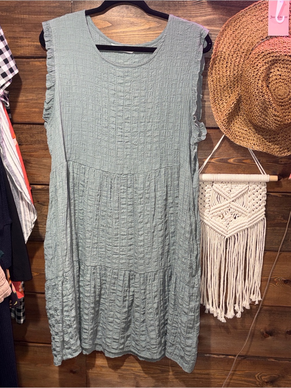 Tiered gauze seersucker Cotton Dress in Sage with pockets granola cottage